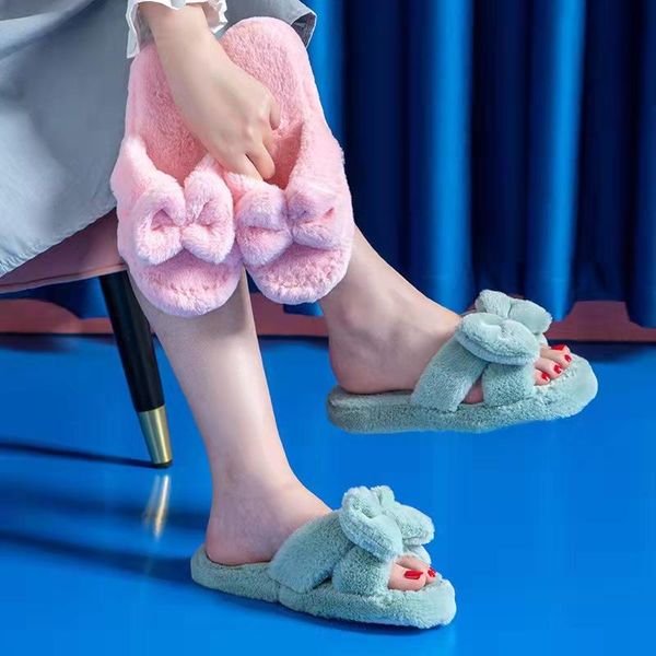 

slippers women winter warm fashion open toe bow knot house shoes home cotton comfort ladies soft non-slip indoors flats, Black