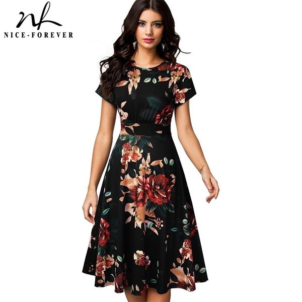 

nice-forever vintage elegant floral print pleated round neck vestidos a-line pinup business party women flare swing dress 210319, Black;gray