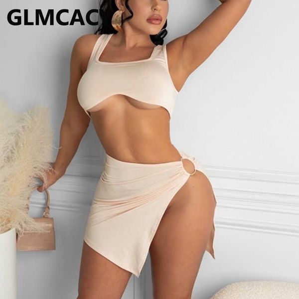 

two pieces sets women spaghetti strap & slit bodycon skirts 210702, White