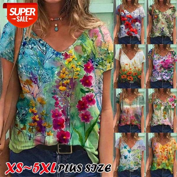 

[in stock]spot plus color hedging v-neck floral print street short-sleeved multicolor loose women's t-shirt #6e4j, White