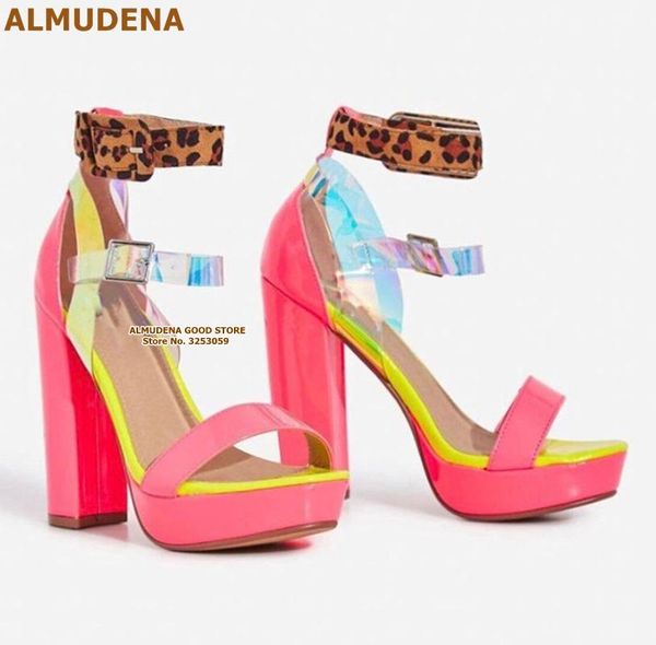 

pink chunky heel platform gladiator sandals clear pvc color patchwork leopard buckle strap wedding shoes high pump, Black