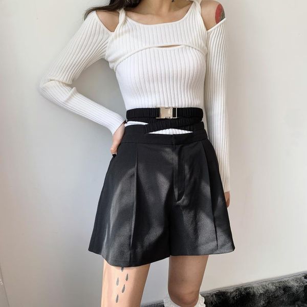 

women's shorts design niche 2021 summer product elastic fold cross buckle belt casual fashion wild fried street high waist women, White;black