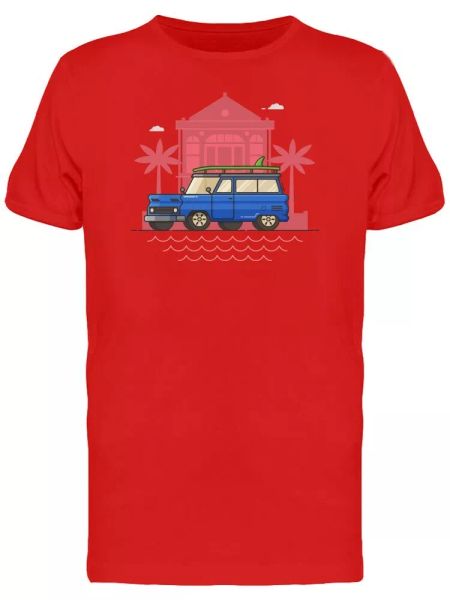 

blue car with a surfboard on men's tee -image by shutterstock, White;black