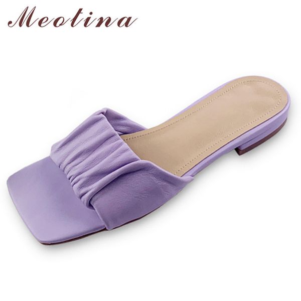 

shoes women pleated real leather low heel slippers square toe thick lady slides summer sandals purple large size 42 210517, Black