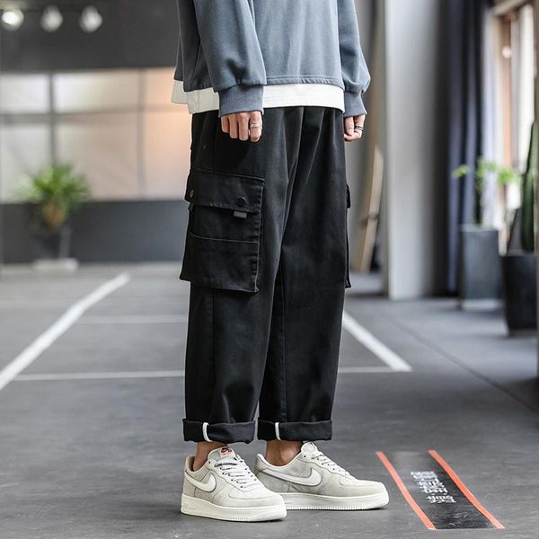 

spring and autumn men's ins tide brand solid color overalls fashion casual straight leg pants black / green m-4xl