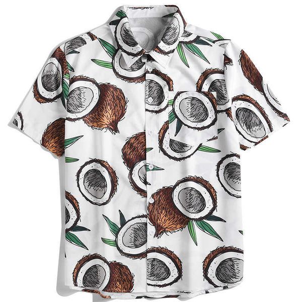 

men shirts coconut 3d print white casual holiday curved hem shirt mens short sleeve hawaiian shirts 210527, White;black
