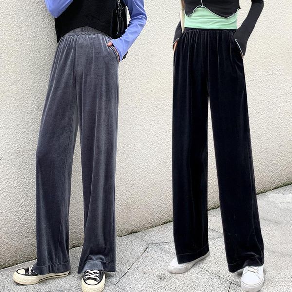 

women's pants & capris 2021 summer wide leg for women pleuche casual elastic high waist fashion loose long straight-leg trousers femme, Black;white