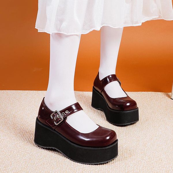 

belt buckle heart gothic lolita shoes for women patent leather black platform chunky heel pumps japanese dress
