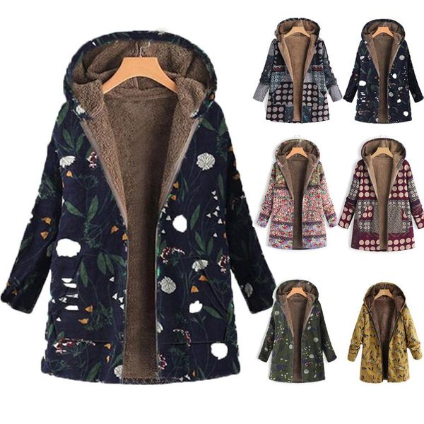 

women's jackets women print winter coat casual plussize fluffy fleece cozy warm long sleeve zipper hooded female outwear, Black;brown