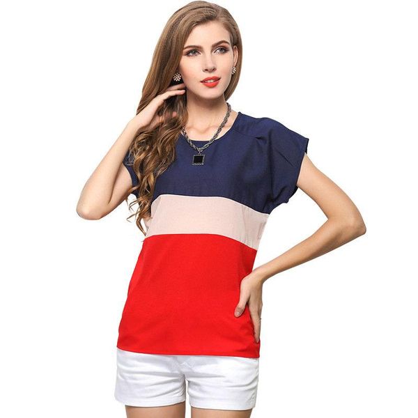 

women's tanks & camis 2021 large size short-sleeved chiffon shirt three-color stitching small fresh color matching t-shirt factory dire, White