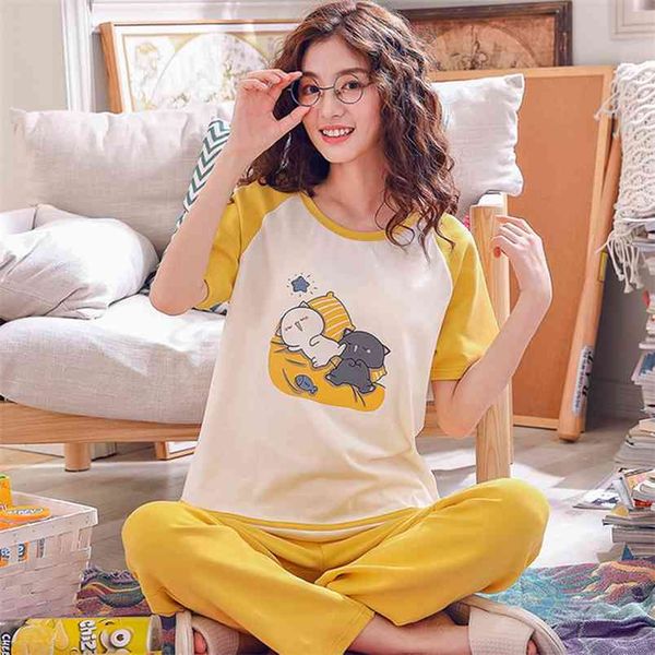 2 teile/satz Kurze T-Shirt hosen pyjamas set frauen Sommer nachtwäsche baumwolle Schlaf tops hosen frau pyjama stil 210830