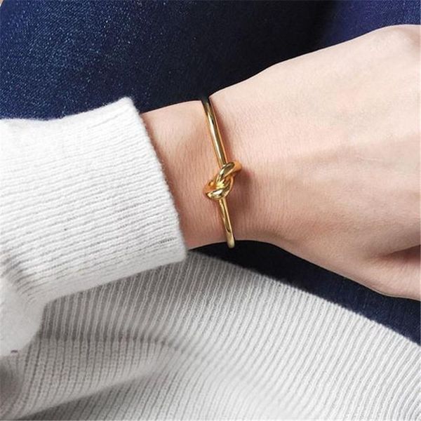 

minimalist gold silver color knot opening adjustable bangle for women girl brass geometric bangles trendy jewelry, Black