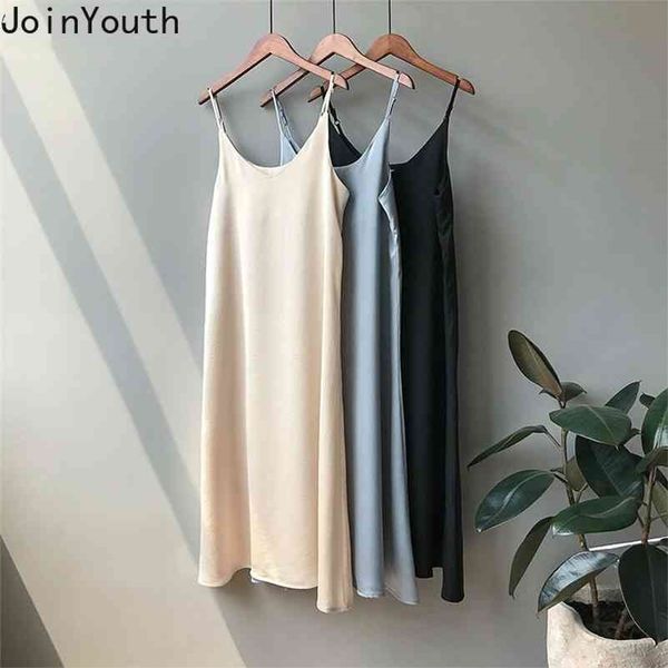 

joinyouth vintage satin solid dress women elegant v neck long dresses summer autumn korean lady vestidos j005 210323, Black;gray