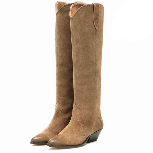 

boots chunky heel western suede leather cowboy high pointy retro female botas mujer handmade quality ladies casual shoes z5oj, Black