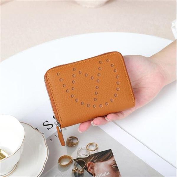 

card holders leather small wallet women short zipper certificate bag fashion hollow coin br48, Brown;gray