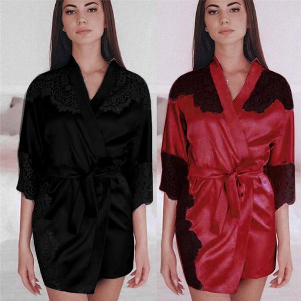 

bras sets women's silk kimono dress babydoll lace underwear belt bathrobe pajamas eyelash stitching women a20, Red;black
