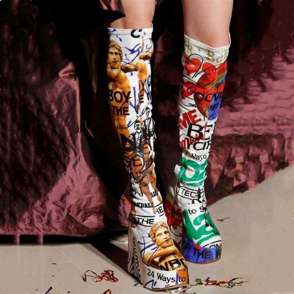 

boots 2021 spring vintage printed knee-high for women shoes faux leather platform spuer high heel, Black