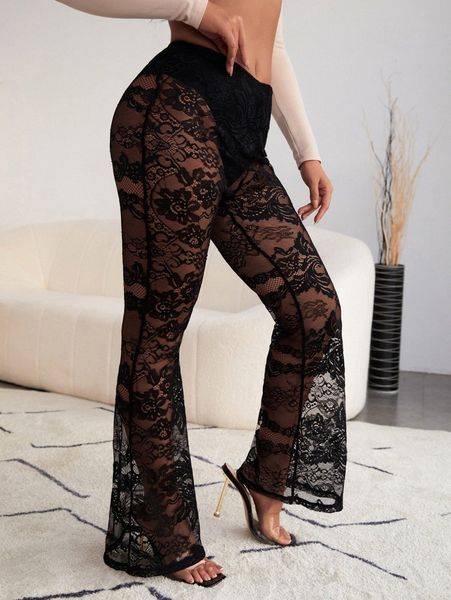 

lace floral embroidery flare leg semi sheer pants without panty 52r8#, Black;white
