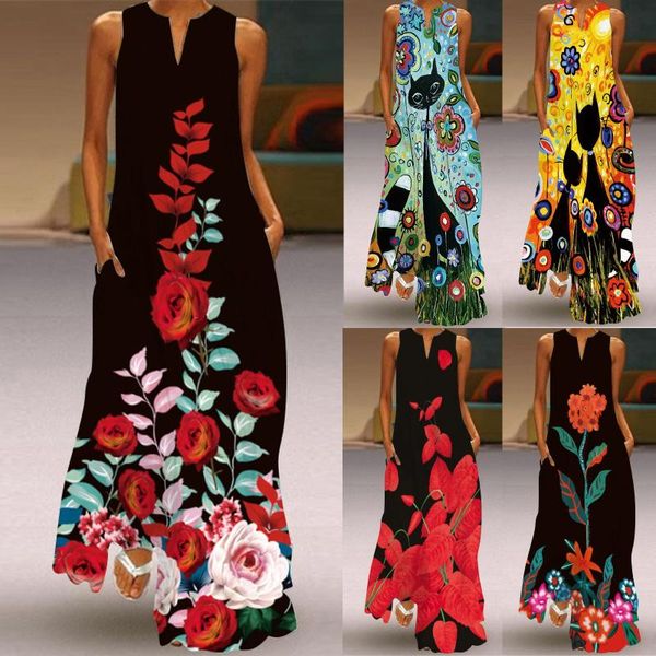 

casual dresses dress women summer 2021 boho printed sleeveless maxi loose ladies split hem baggy kaftan linen long vestidos robe, Black;gray