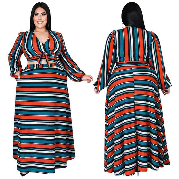 

plus size tracksuits outfits for woman striped printed boho elegant vintage long sleeve + maxi skirts 2 piece sets 4xl 5xl, Black