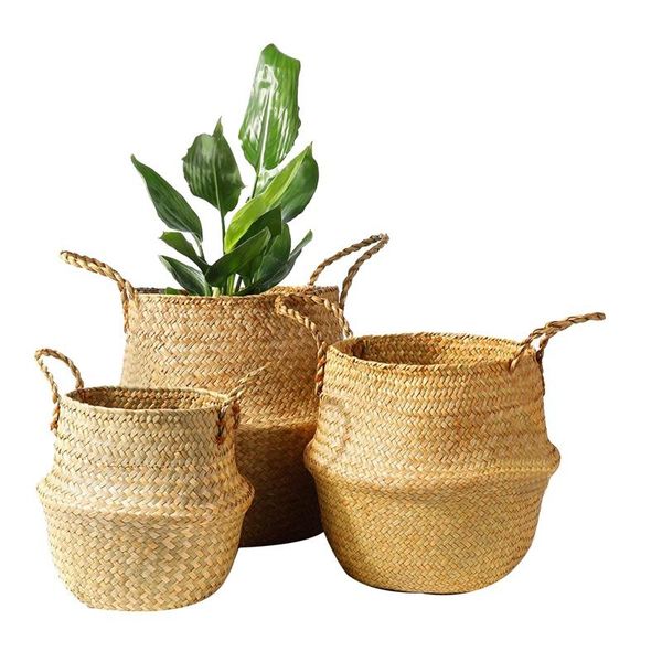 

seagrass plant basket set of 3,woven belly with handles, large storage laundry picnic pot cover home decor baskets