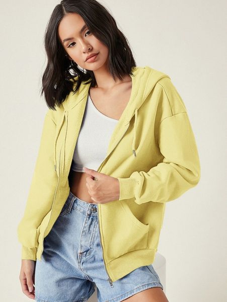 

drop shoulder zipper up hooded sweatshirt x308#, White;black