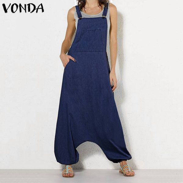 

jumpsuit women overalls plus size casual harem jumpsuits denim long 2021 vonda vintage solid rompers loose sleeveless playsuits, Black;white