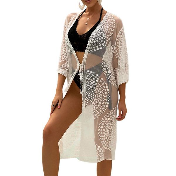 

women's swimwear see-through bikini cover-ups long sleeve open front sheer lace trim crochet dress swimsuit cover ups beachwear, White;black