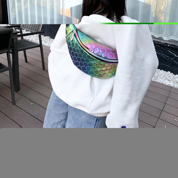 

women fanny chest bag soft surface process lined with polyester fashion laser fish scale leather shoulder crossbody pack waist bags