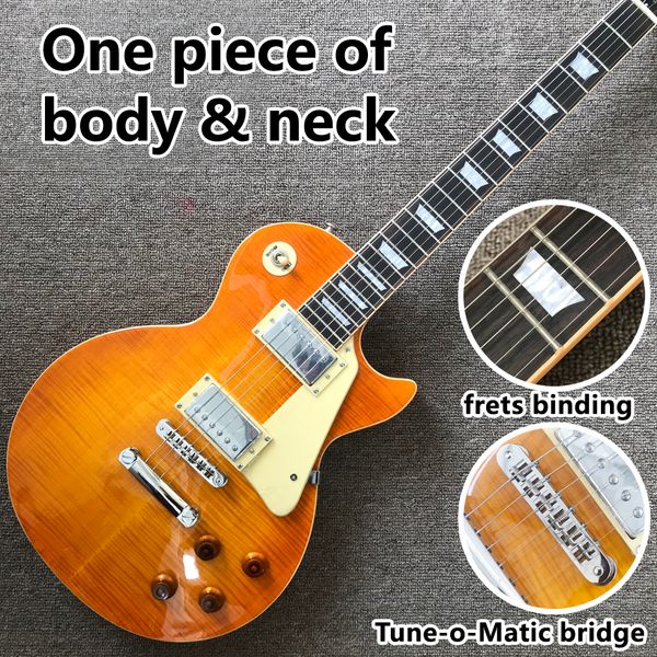 E-Gitarre im Stil, ein Stück Hals und Korpus, Bundbindung, E-Gitarre mit Honey-Burst-Ahorndecke