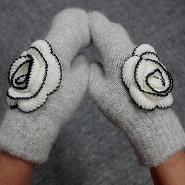 

fingerless gloves hand-knitted camellia wool fur mittens winter women double-layer keep warm and womens glove, Blue;gray