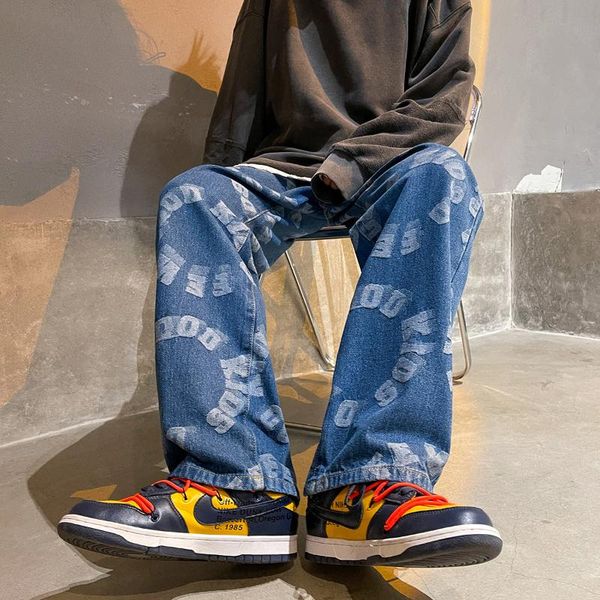 

men's jeans teen trendy brand straight letter printing casual mopping pants youth personality street hip-hop wide-leg, Blue