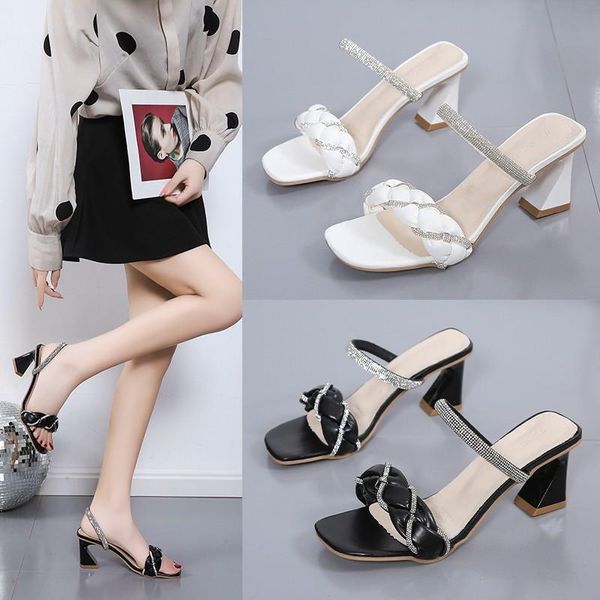 

sandals women's sequin 2021 summer fashion hand-woven pu mid-heel comfortable and european american outside, Black