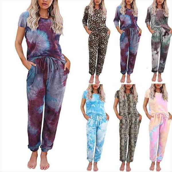 

tracksuit women summer pajamas sets tie dye short sleeve pullover and pants home suits female 2 two set casual, White