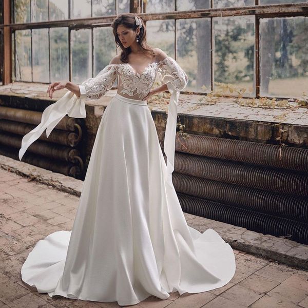 

elegant lace appliqued wedding dresses bateau neck beach bridal gowns long sleeves a line sweep train satin plus size vestido de novia, White