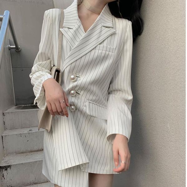 

[ewq] trend coat feminino vertical stripes pearl button lapel blazer japanese style slim long-sleeved clothing coats white w1581 women', White;black