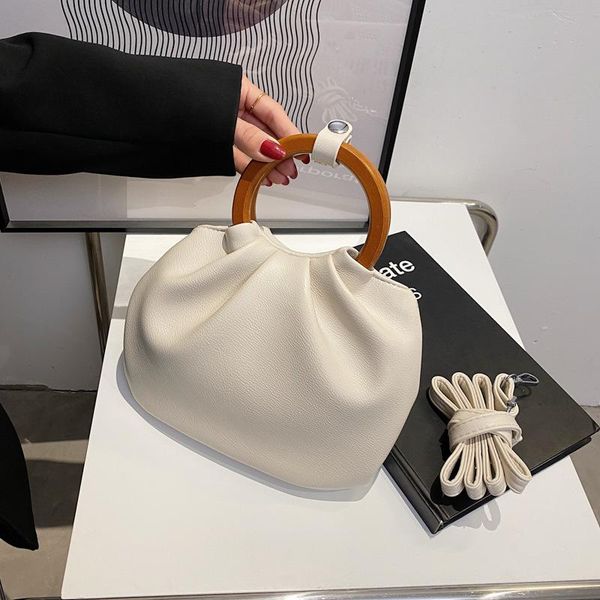 

totes 2021 summer style wooden handle handbag fashion pu portable messenger bag western wrinkled wonton shoulder