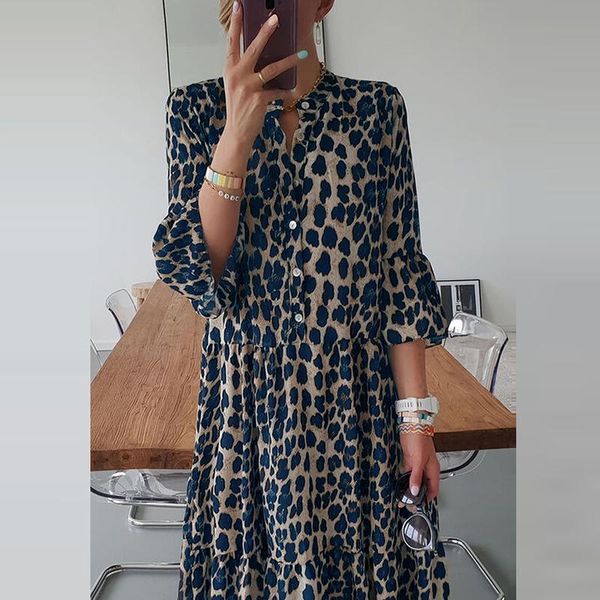 

casual dresses lady leopard print v neck button dress spring autumn vintage women loose three quarter sleeve elegant ruffle, Black;gray
