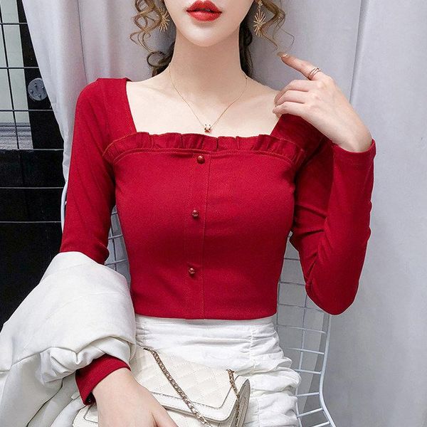 

blouse women's cotton square collar ruffle long-sleeved shirts slim-fit high waist blusas ropa de mujer blouses &, White
