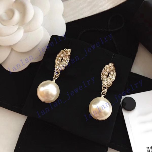 

designer stud classic double letter logo inlaid with diamond pearl pendant earrings 925 silver needle l0-c26, Golden;silver