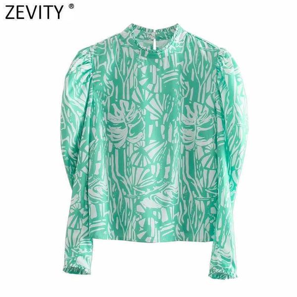 

zevity women fashion agaric lace stand collar printing casual smock blouse female puff sleeve shirt chic blusas ls7711 210603, White