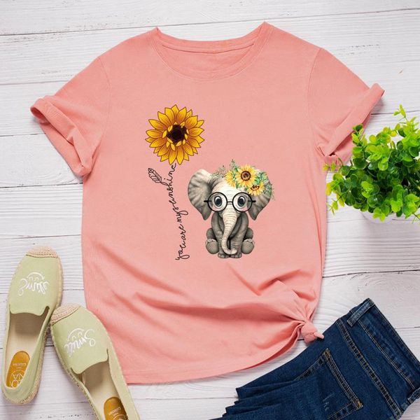 

women's t-shirt summer plus size t shirt women graphic tshirts sunflower elephant print 100%cotton o neck short sleeve tee fashion, White