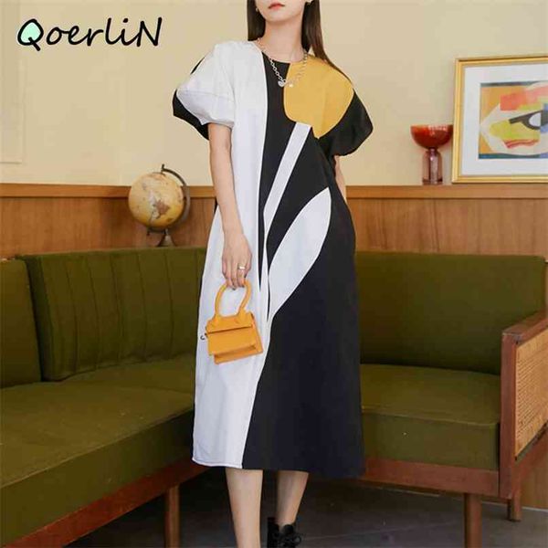 

original design tulip flower contrast color stitching loose puff sleeve o-shaped mid-length dress back zipper elegant vestidos 210601, Black;gray