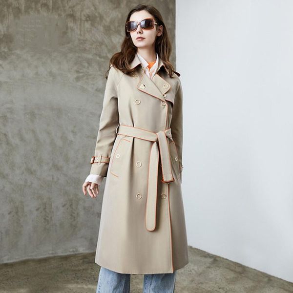 

women's trench coats windbreaker 2022 spring and autumn high-end edging metal classic chameleon british style long female coat, Tan;black