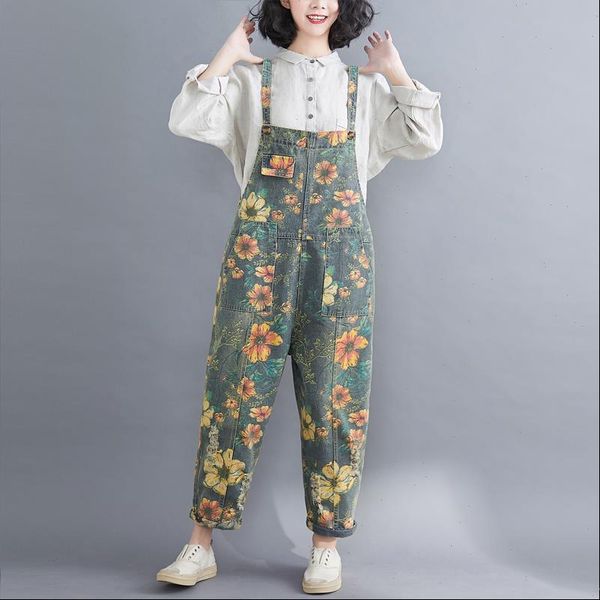 

womens rompers spring autumn women denim jumpsuit plus size suspenders vintage floral overalls elegant loose female gd694, Black;white