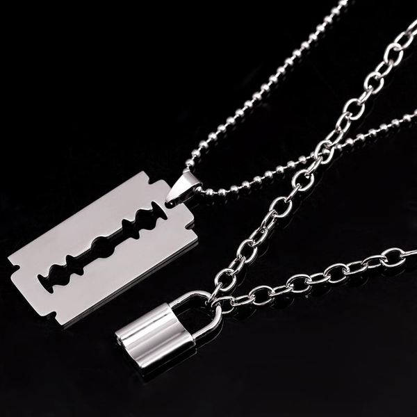 

pendant necklaces hip-hop double layer lock blade necklace padlock men women fashion gothic long chain jewelry charm accessories, Silver
