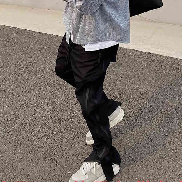 

vibe style-pantalon cargo con doble cremallera para hombre, pantaln holgado informal de gran tamao, con bolsillos, tilo retro, color negro, Black