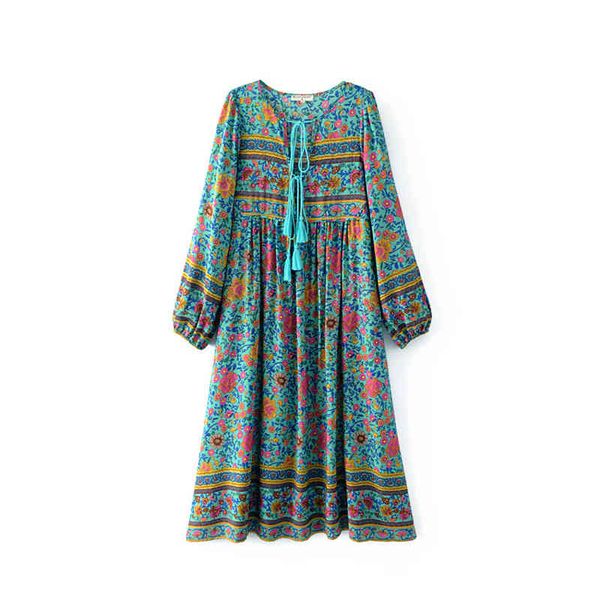 Yeşil Boho Bohemian Gevşek Çiçek Baskı Püskül Tam Uzun Kollu O Boyun Maxi Elbise D0212 210514