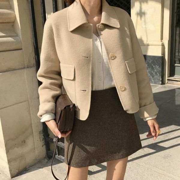 

two piece dress sets korean solid beige wool short coats and mini skirts women basic autumn winter warm retro ladies outfits, White