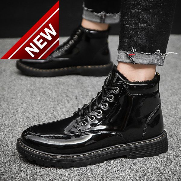 

2021 winter new plush martin men's british style shiny middle warm casual leather shoes boots, Black